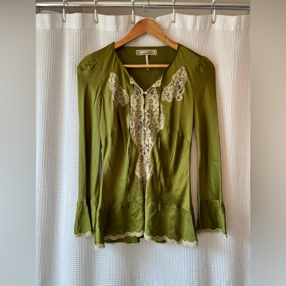 Free People Silk Button Up Bell Sleeve Top